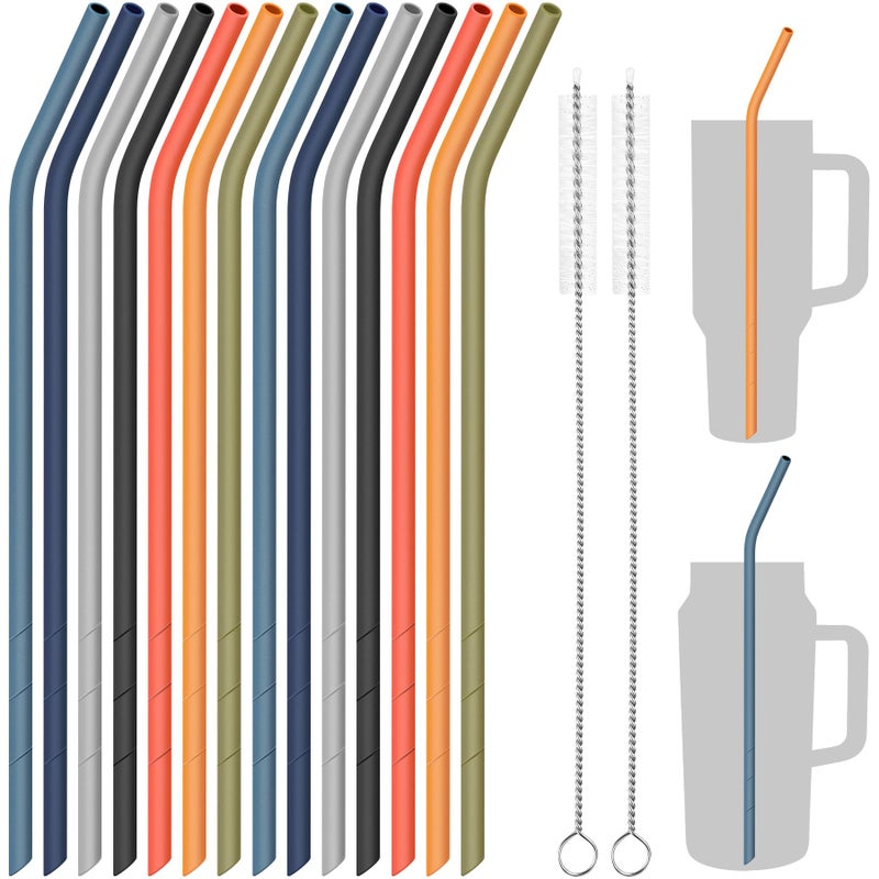 NiHome 14PCS Bent Silicone Straws Fit for Stanley 40oz 30oz Tumbler, 14â€ Extra Long Reusable Drinking Straw, Can Cut Length for 1/Half Gallon 75 64 OZ Large Water Bottle, 2 Brushes (Dark Morandi) - Image 1