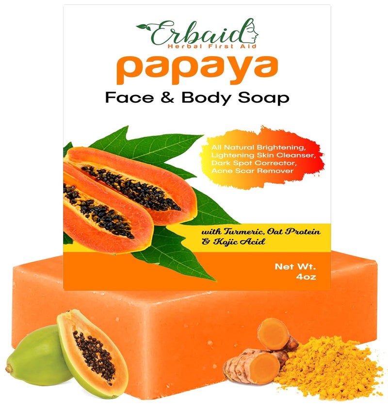 Erbaid Papaya Soap Face & Body Wash â€“ Skin Brightening Papaya Soap Bar for Dark Spots â€“ Reduce Acne, Cleanse Scars, & Even Tone â€“ with Turmeric, Kojic Acid & Essential Oils â€“ for All Types - Image 1