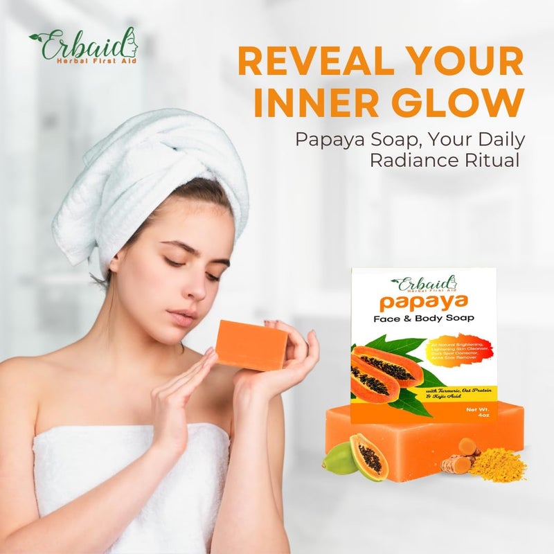 Erbaid Papaya Soap Face & Body Wash â€“ Skin Brightening Papaya Soap Bar for Dark Spots â€“ Reduce Acne, Cleanse Scars, & Even Tone â€“ with Turmeric, Kojic Acid & Essential Oils â€“ for All Types - Image 3