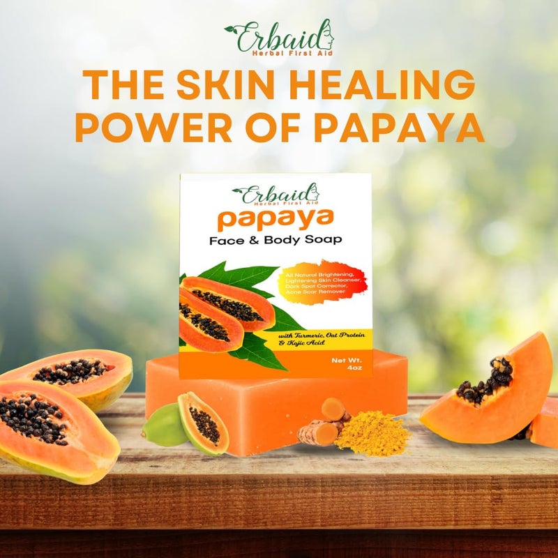 Erbaid Papaya Soap Face & Body Wash â€“ Skin Brightening Papaya Soap Bar for Dark Spots â€“ Reduce Acne, Cleanse Scars, & Even Tone â€“ with Turmeric, Kojic Acid & Essential Oils â€“ for All Types - Image 2