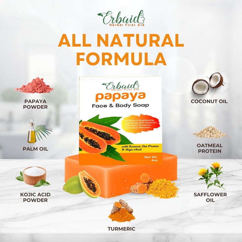 Erbaid Papaya Soap Face & Body Wash â€“ Skin Brightening Papaya Soap Bar for Dark Spots â€“ Reduce Acne, Cleanse Scars, & Even Tone â€“ with Turmeric, Kojic Acid & Essential Oils â€“ for All Types - Image 5