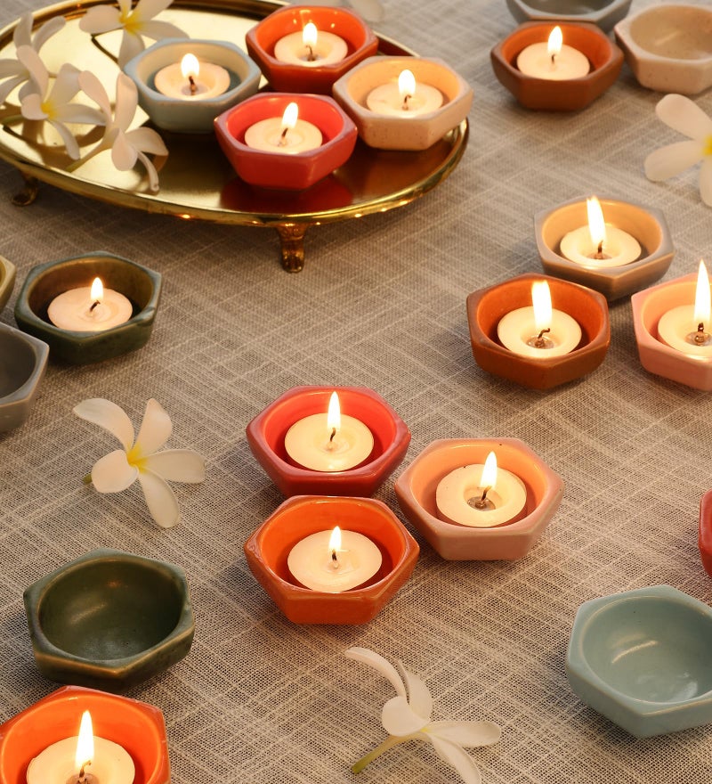 Miah Decor Traditional Ceramic Diya Set - Pack of 6 for Diwali Decoration Puja| Handcrafted Hexagonal Shape Oil Lamps| Reusable & Dishwasher Safe |Eco-Friendly Diyas for Diwali, Puja, Home Decor, Gift - Image 2