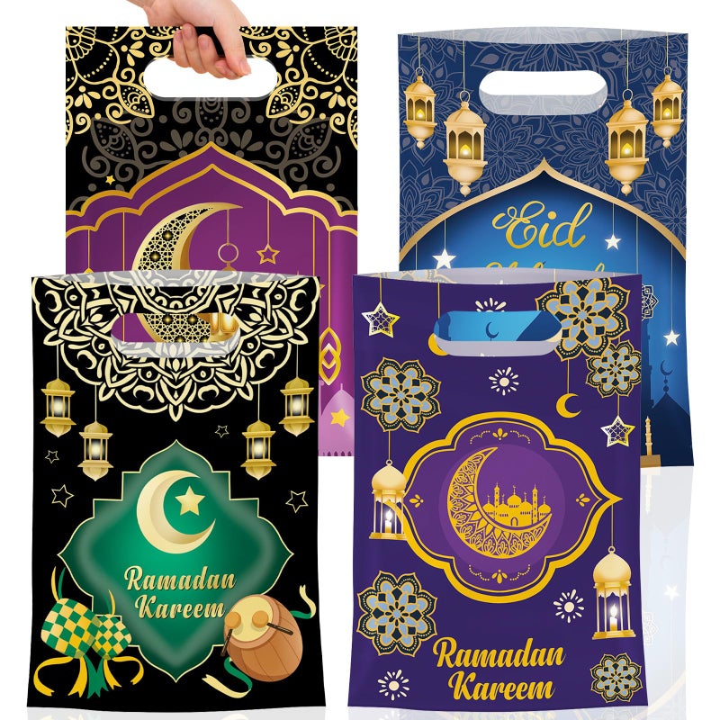 Litmitfu 50 Pcs Ramadan Gift Bags with Handles - Eid Mubarak Goodie Bag, Ramadan Kareem Plastic Goody Candy Cookie Snack Treat Party Favor Bags Bulk for Islamic Muslim Eid Mubarak Party Supplies Favors,4 Style - Image 1