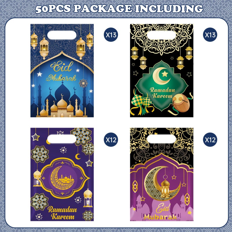 Litmitfu 50 Pcs Ramadan Gift Bags with Handles - Eid Mubarak Goodie Bag, Ramadan Kareem Plastic Goody Candy Cookie Snack Treat Party Favor Bags Bulk for Islamic Muslim Eid Mubarak Party Supplies Favors,4 Style - Image 3