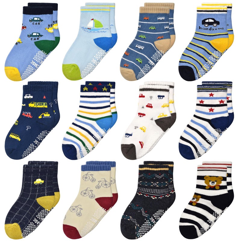 Tphon Non Slip Kids Toddler Socks with Grippers Baby 12 Pairs Anti Skid Socks for Boys Girls for 0-6 Months Children - Image 1