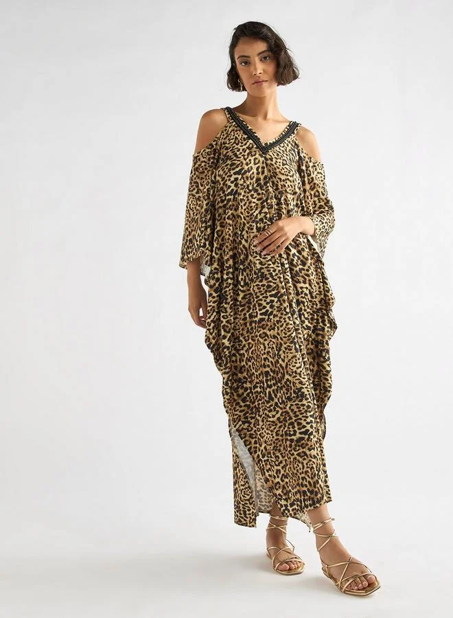 Splash FAV Animal Print V-neck Maxi Dress with Cold Shoulder Sleeves