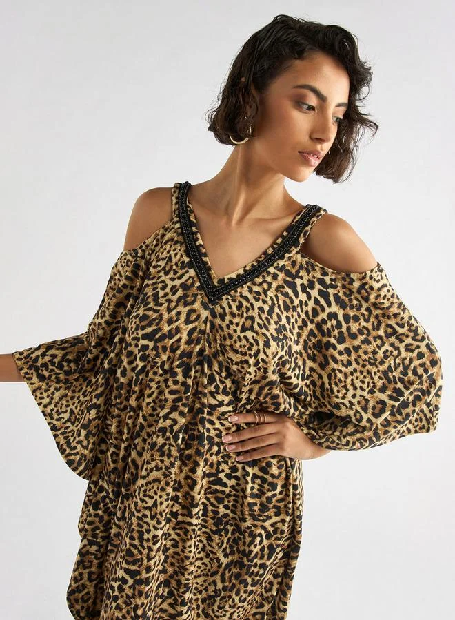 Splash FAV Animal Print V-neck Maxi Dress with Cold Shoulder Sleeves