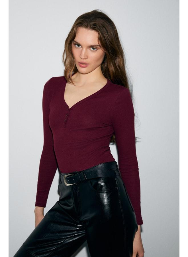 GRIMELANGE KALANI Women's Long Sleeve Snap V-Neck Embellished Button Burgundy Blouse. - Image 1