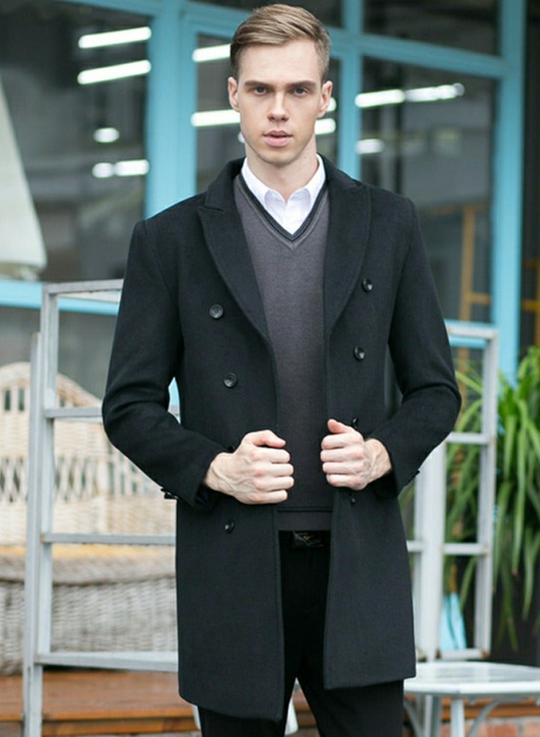 Loquat Men's Woolen Casual Coat Slim Fit Suit Collar Long Jacket Overcoat with Pockets Black  - Image 3