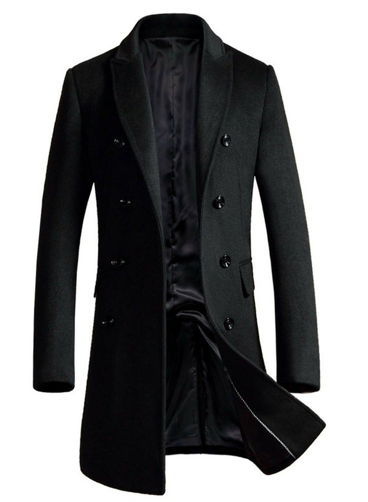 Loquat Men's Woolen Casual Coat Slim Fit Suit Collar Long Jacket Overcoat with Pockets Black  - Image 1