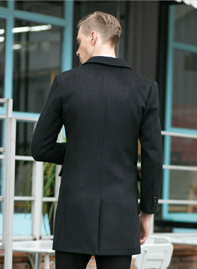 Loquat Men's Woolen Casual Coat Slim Fit Suit Collar Long Jacket Overcoat with Pockets Black  - Image 4
