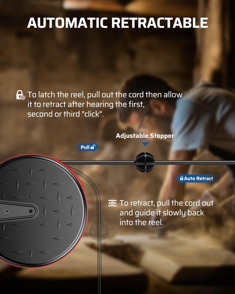 DEWENWILS 30 Ft Retractable Extension Cord Reel, Ceiling or Wall Mount 16/3 Gauge SJTW Power Cord with 3 Electrical Outlets Pigtail for Garage and Shop, 10 Amp Circuit Breaker, Metal Plate, UL Listed - Image 2