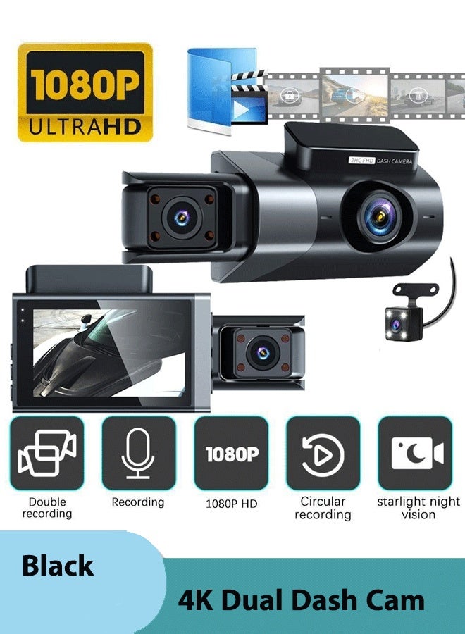 XiuWoo 4K Triple Lens Dash Cam with 32GB Card – 4K Front & 1080P Rear Camera, 170° Cabin View, 3.0" Screen, Parking Monitor, Loop Recording, Night Vision - Image 1