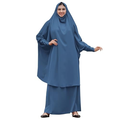 IKADEX Prayer Clothes for Muslim Women Islamic Abaya Suit Maxi Skirt + Khimar Hijab 2pcss Burka Jilbab Kaftan Blue - Image 1