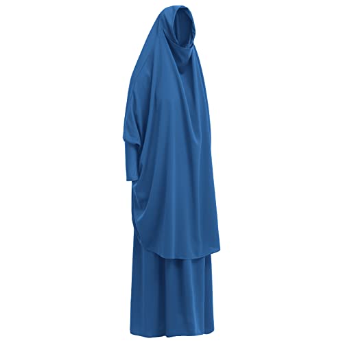 IKADEX Prayer Clothes for Muslim Women Islamic Abaya Suit Maxi Skirt + Khimar Hijab 2pcss Burka Jilbab Kaftan Blue - Image 3
