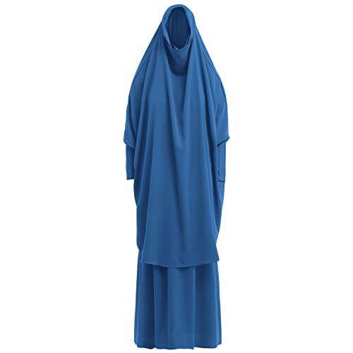 IKADEX Prayer Clothes for Muslim Women Islamic Abaya Suit Maxi Skirt + Khimar Hijab 2pcss Burka Jilbab Kaftan Blue - Image 2