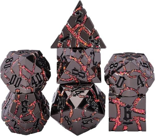 Maywin Cracked Rune Metal Dice Set for DND RPG Dark Fantasy Fractured Design Premium Heavy Metal Polyhedral Dice with Deep Engraved Numbers 7Piece Set Red Infernal Vein - Image 1