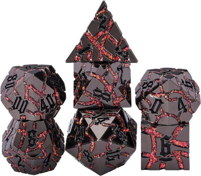 Maywin Cracked Rune Metal Dice Set for DND RPG Dark Fantasy Fractured Design Premium Heavy Metal Polyhedral Dice with Deep Engraved Numbers 7Piece Set Red Infernal Vein - Image 3