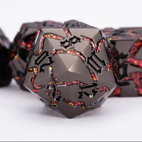 Maywin Cracked Rune Metal Dice Set for DND RPG Dark Fantasy Fractured Design Premium Heavy Metal Polyhedral Dice with Deep Engraved Numbers 7Piece Set Red Infernal Vein - Image 5