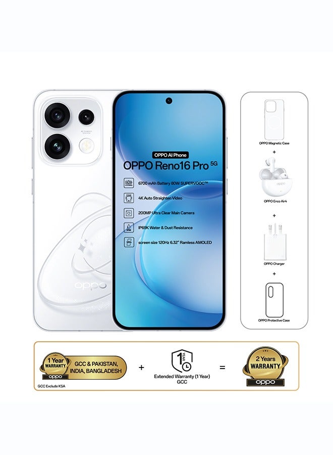 OPPO Reno16 Pro AI Phone Dual SIM 5G Pop White 12GB RAM 512GB With OPPO Enco Air4 + OPPO Magnetic Case - Middle East Version - Image 1