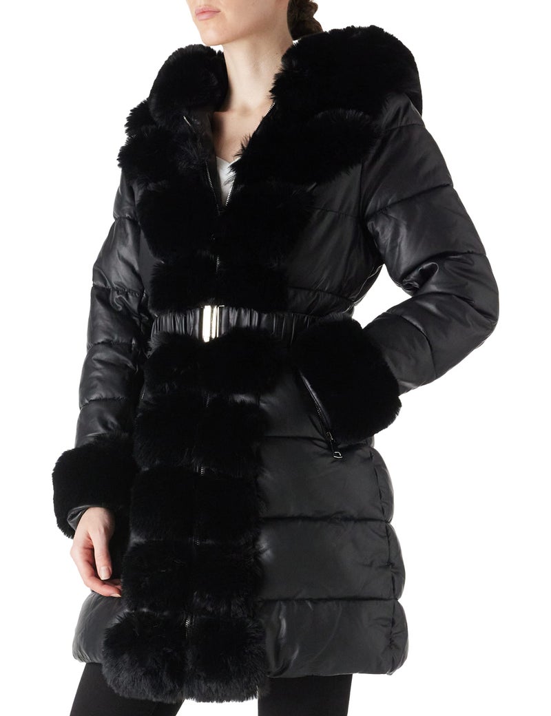 RISISSIDA Puffer Coat Women Winter Down Faux Fur Lined Puffy Jacket with Long Collar Hood, Thicken Quilted Warm Leather Bubble Overcoat Black M - Image 2