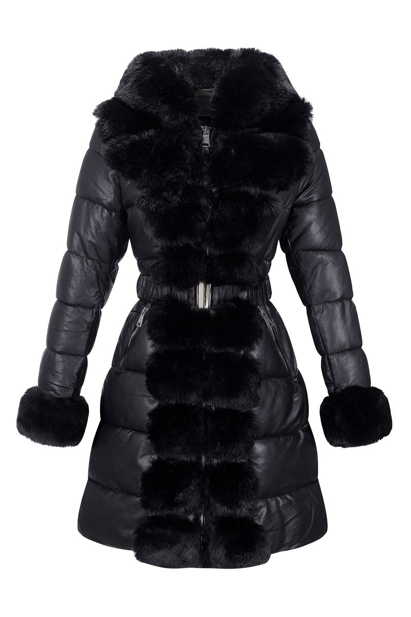 RISISSIDA Puffer Coat Women Winter Down Faux Fur Lined Puffy Jacket with Long Collar Hood, Thicken Quilted Warm Leather Bubble Overcoat Black M - Image 1