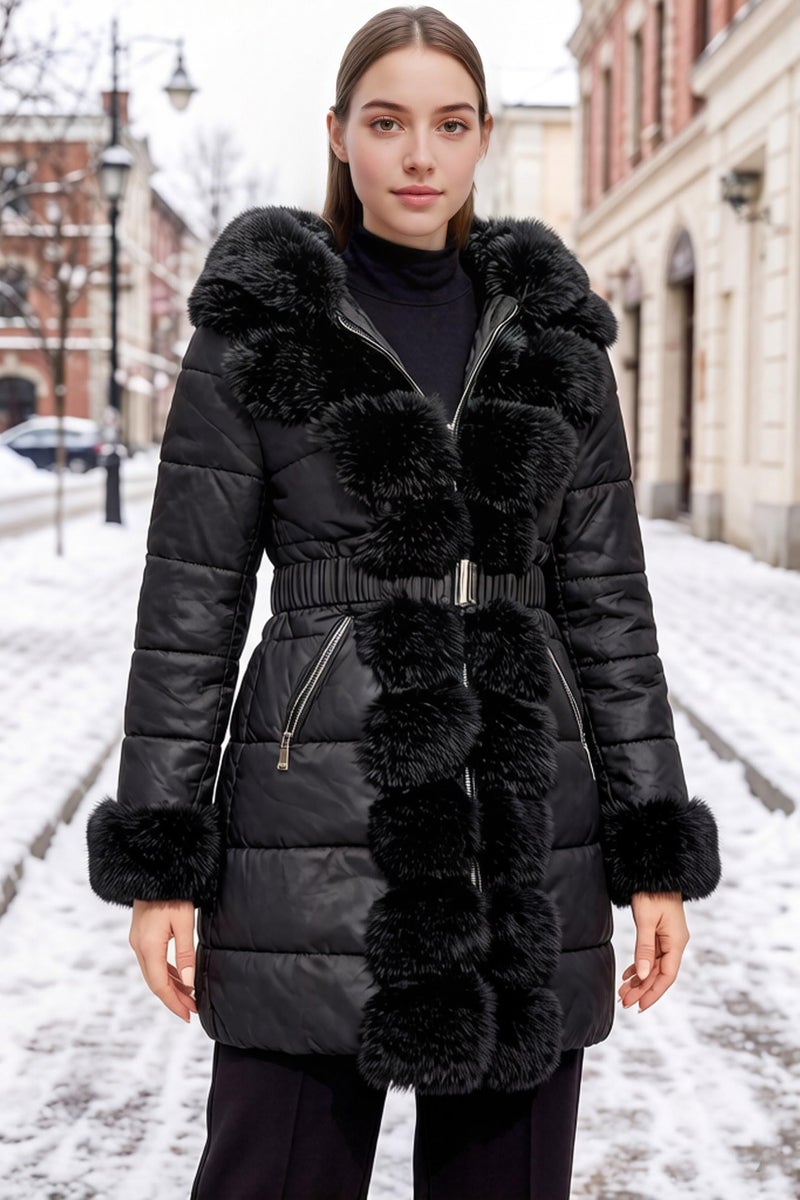 RISISSIDA Puffer Coat Women Winter Down Faux Fur Lined Puffy Jacket with Long Collar Hood, Thicken Quilted Warm Leather Bubble Overcoat Black M - Image 3