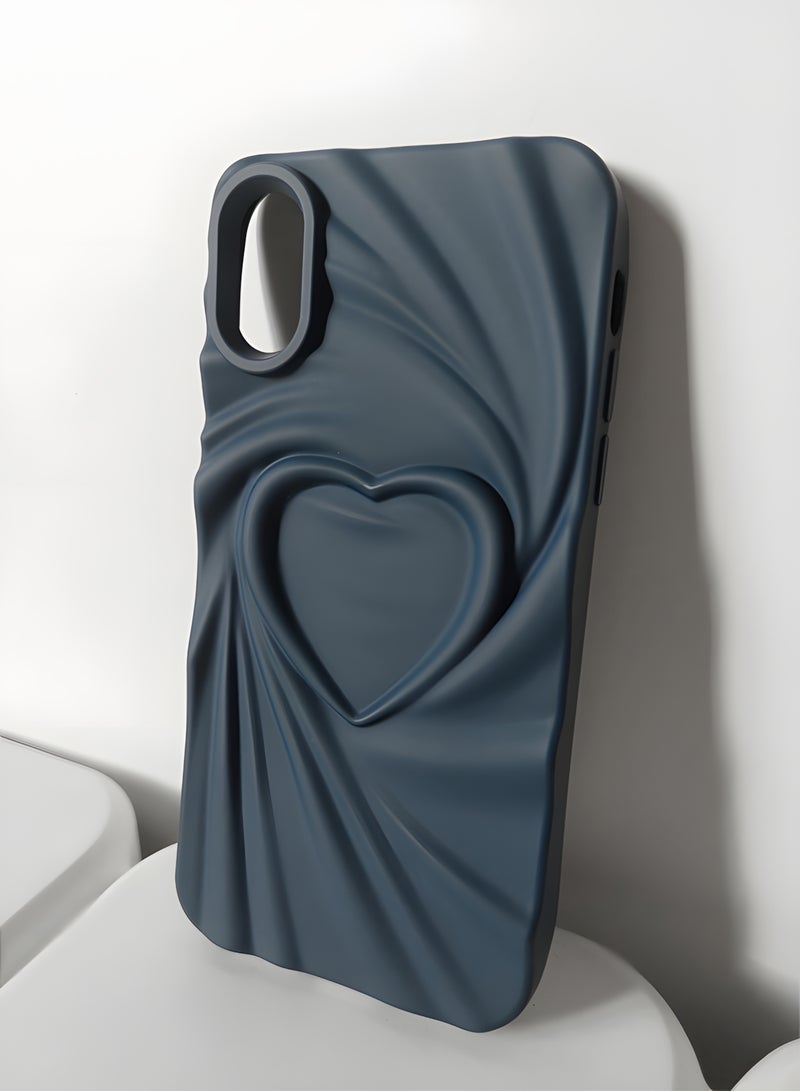 جراب خلفي فاخر لهاتف ايفون XS Max غير لامع بتصميم قلب، مقاوم للصدمات، يحمي الكاميرا من الخدوش، بنقشة حريرية ثلاثية الأبعاد بارزة، مصنوع من مادة TPU غير لامعة عصرية، جراب سيليكون ناعم و أنيق للفتيات والسيدات لهاتف iPhone XS Max (أزرق غامق، مقاوم للصدمات) - Image 3