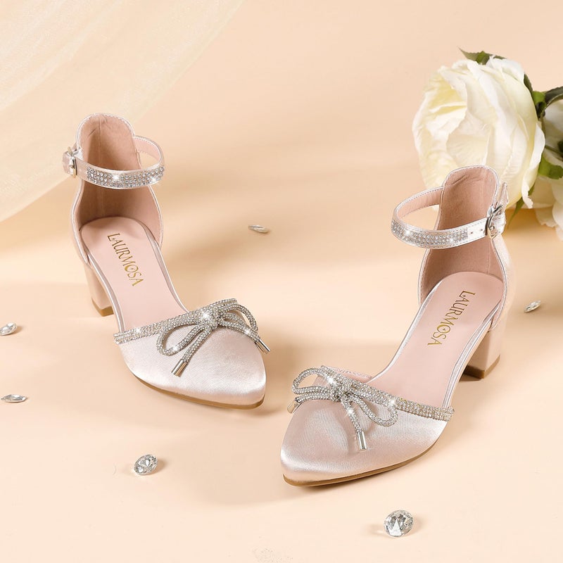LAURMOSA Girls Closed Toe Heels Formal Dress Shoes for Big Girls High Heels Kids Dress Up Heels Size 3 Flower Girl Wedding Fancy Shoes for Dance Party Sandals(L1019SaAprocit 3) - Image 3