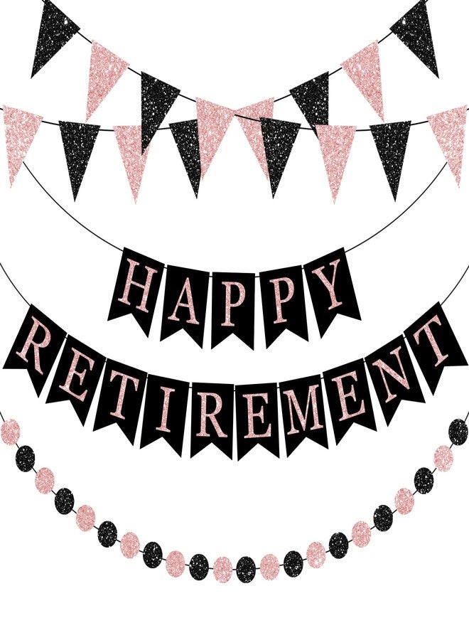 Maniaacer Happy Retirement Banner Rose Gold and Black Retirement Banner Glittery Pennant Flags Circle Dot Garland Retirements Party Decorations for Women Retirements Goodbye Farewell Going Away Party Decor - Image 1