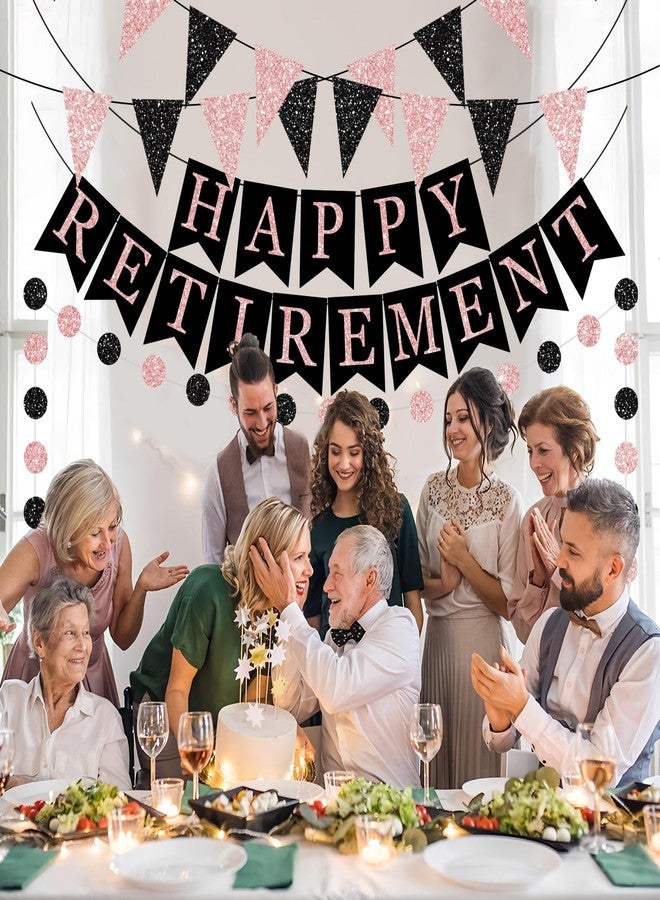 Maniaacer Happy Retirement Banner Rose Gold and Black Retirement Banner Glittery Pennant Flags Circle Dot Garland Retirements Party Decorations for Women Retirements Goodbye Farewell Going Away Party Decor - Image 5