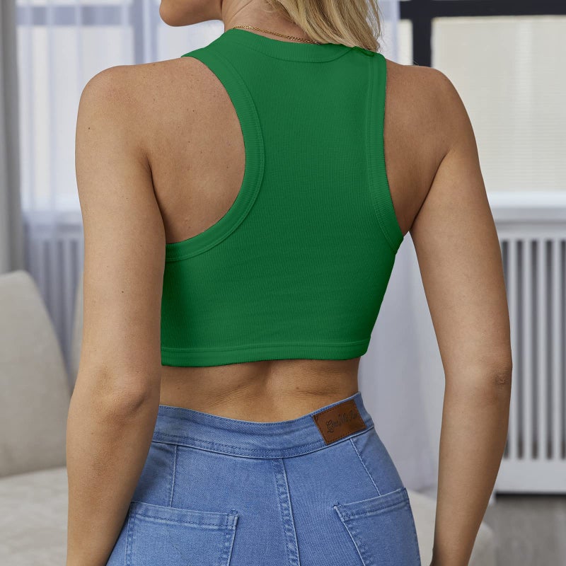 Dwnval Sexy Crop Tank Tops Sleeveless Crewneck Ribbed Knitted Top for Women(Green,S) - Image 2