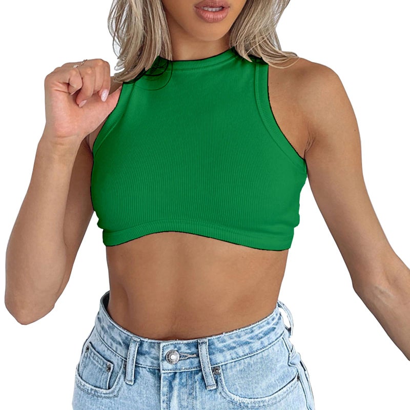 Dwnval Sexy Crop Tank Tops Sleeveless Crewneck Ribbed Knitted Top for Women(Green,S) - Image 1