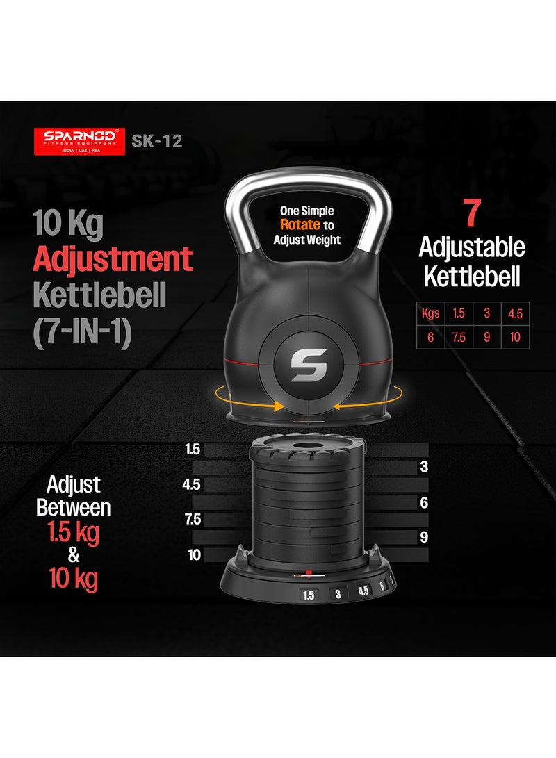 Sparnod Fitness SK-12 Adjustable Kettlebell 10kg – 7-in-1 Adjustable Weight System, One-Hand Adjustment Ergonomic Grip, Steel & ABS Build Safe, Compact Full-Body Workouts - Image 2