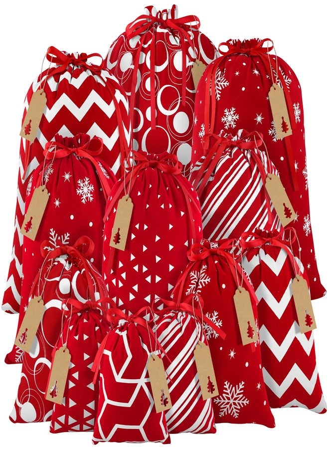 MIMIND 12 Pieces Christmas Drawstring Bag Red and White Fabric Xmas Gift Bag with Drawstring Cotton Present Wrapping Bags for Christmas Holiday Gift Giving Decorations, Assorted Sizes - Image 1