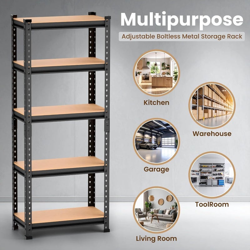 BrandFlex Black Adjustable Set of 5-Shelf Metal Storage Shelving Unit, Steel Bootless Rivet Utility Display Rack Garage Shelves, 63 Inches Height(60 X 24 X 12 Inch-H X W X D,Black) (5 TIRE) - Image 4