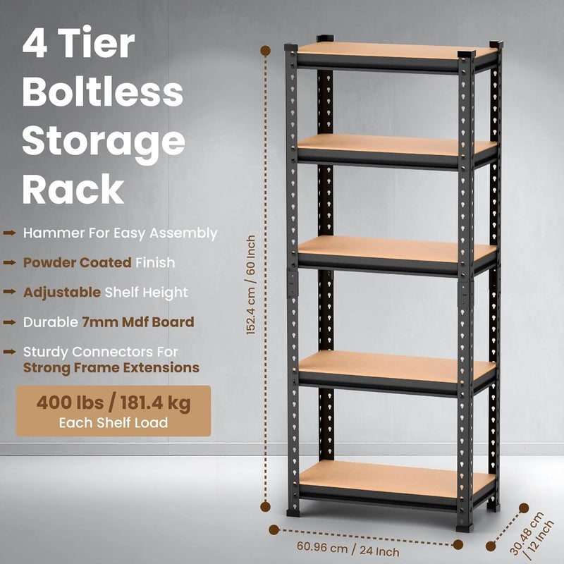 BrandFlex Black Adjustable Set of 5-Shelf Metal Storage Shelving Unit, Steel Bootless Rivet Utility Display Rack Garage Shelves, 63 Inches Height(60 X 24 X 12 Inch-H X W X D,Black) (5 TIRE) - Image 3