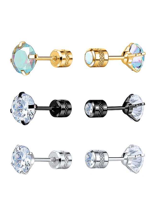 بيوند مجموعة من 3 أزواج من الأقراط المرصعة بالألماس مقاس 6 مم للنساء، أقراط بمشبك لولبي مضاد للصدأ والبهتان ومضاد للحساسية، هدية مجوهرات عصرية (ملونة) - Image 1