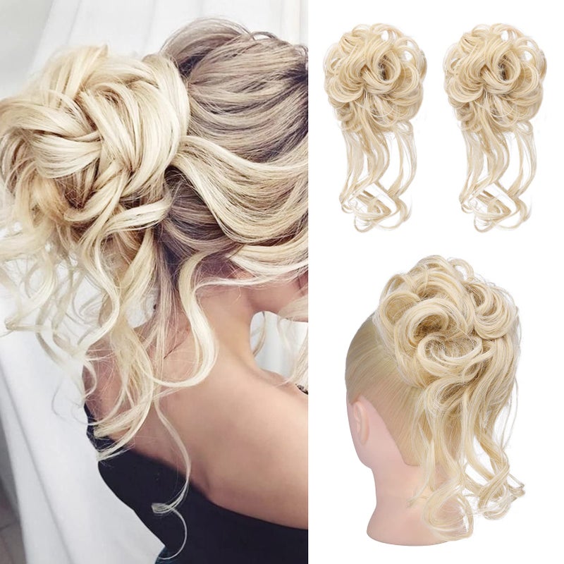 HOOJIH Messy Bun Hair Piece 2PCS Tousled Updo with Tendrils Hair Bun Extensions Wavy Curly Hair Wrap Ponytail Hairpieces Thick Hair Scrunchies for Women HB010 Dasiy  Cool Light Blonde