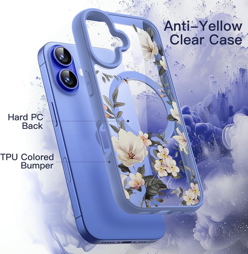 VONZEE Compatible with iPhone 16 Case Luxury Retro Flowers Floral Clear for Magnetic Wireless Charging Case Shockproof Case PC+TPU Cute Glossy Shiny Cover for Girls Women, 6.1'' Official Blue - Image 4