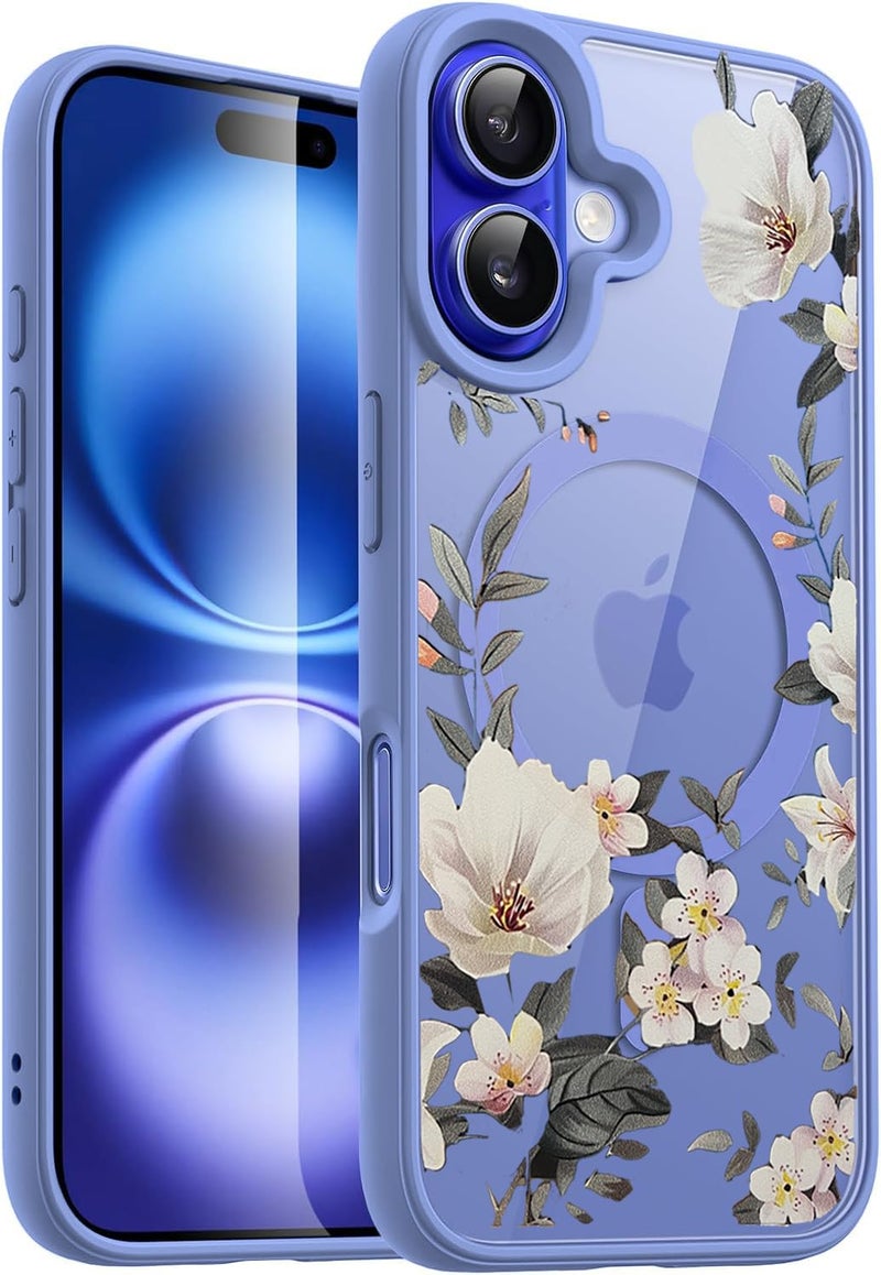 VONZEE Compatible with iPhone 16 Case Luxury Retro Flowers Floral Clear for Magnetic Wireless Charging Case Shockproof Case PC+TPU Cute Glossy Shiny Cover for Girls Women, 6.1'' Official Blue - Image 1