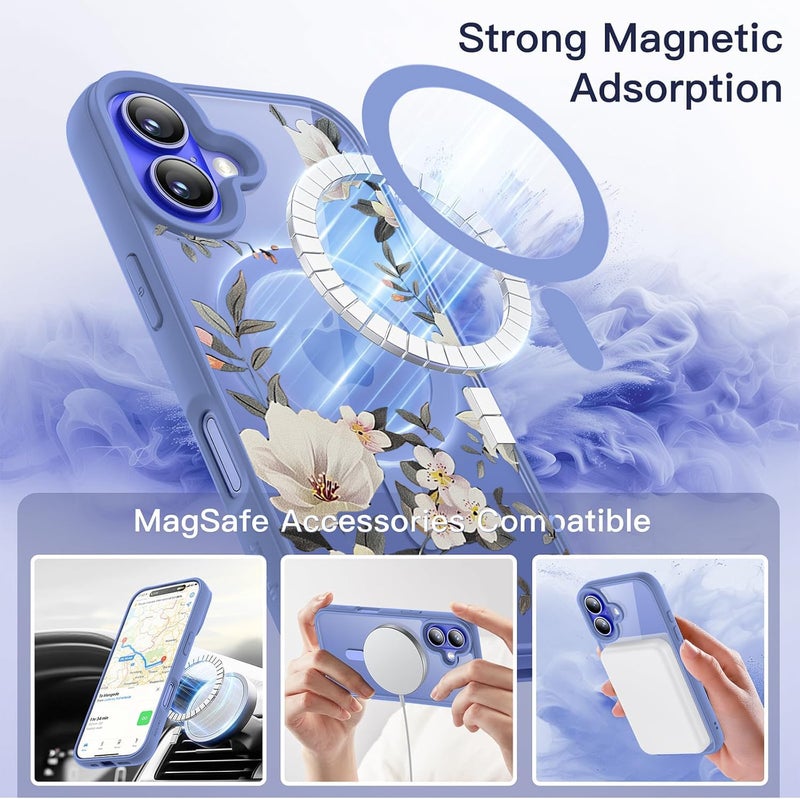 VONZEE Compatible with iPhone 16 Case Luxury Retro Flowers Floral Clear for Magnetic Wireless Charging Case Shockproof Case PC+TPU Cute Glossy Shiny Cover for Girls Women, 6.1'' Official Blue - Image 3