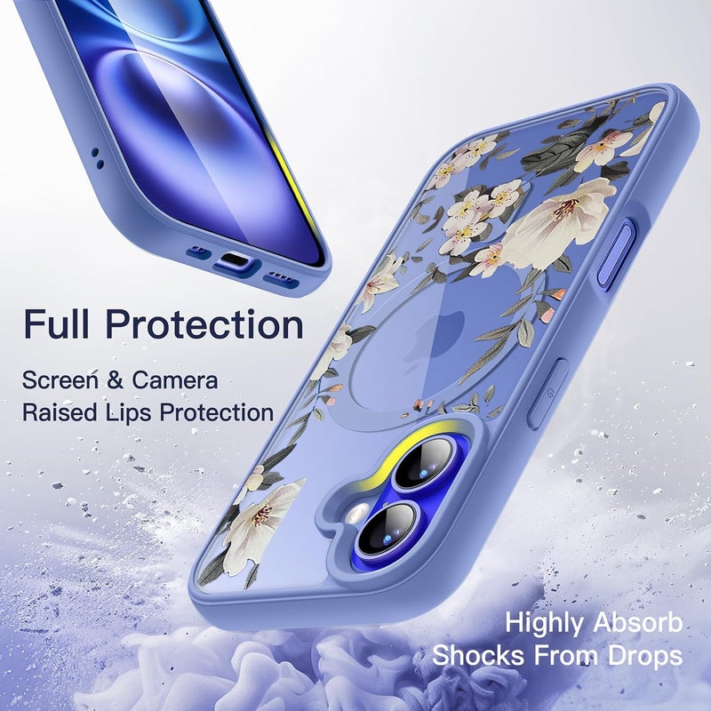 VONZEE Compatible with iPhone 16 Case Luxury Retro Flowers Floral Clear for Magnetic Wireless Charging Case Shockproof Case PC+TPU Cute Glossy Shiny Cover for Girls Women, 6.1'' Official Blue - Image 5