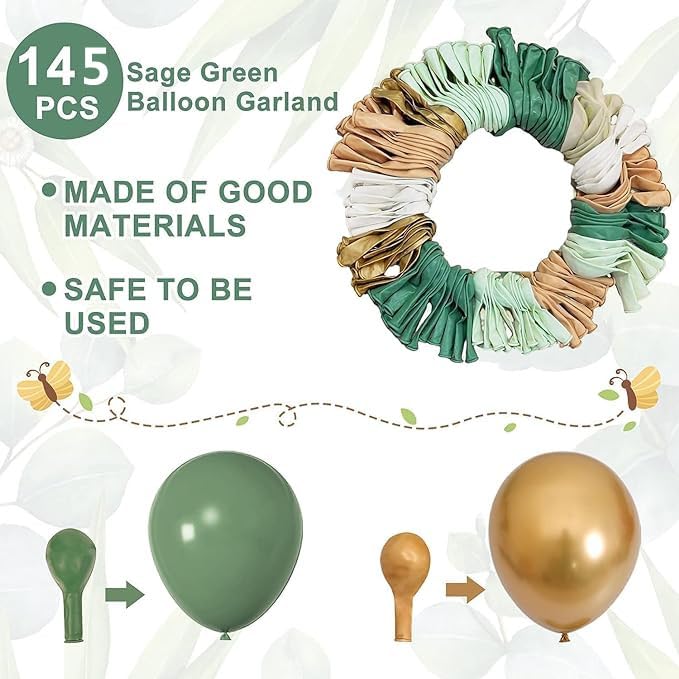 Amandir 145Pcs Baby Boxes Sage Green Baby Shower Decorations, Olive Green Balloon Garland Kit 4 Baby Blocks Gold Letter for Gender Neutral Boy Girl Safari Jungle Birthday Baptism Party Supplies - Image 4