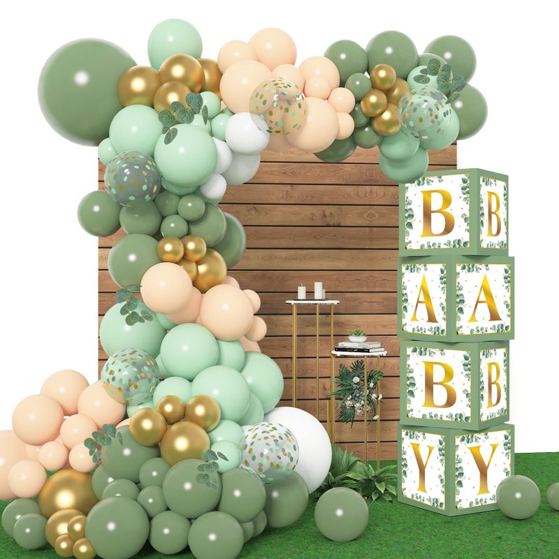 Amandir 145Pcs Baby Boxes Sage Green Baby Shower Decorations, Olive Green Balloon Garland Kit 4 Baby Blocks Gold Letter for Gender Neutral Boy Girl Safari Jungle Birthday Baptism Party Supplies - Image 1