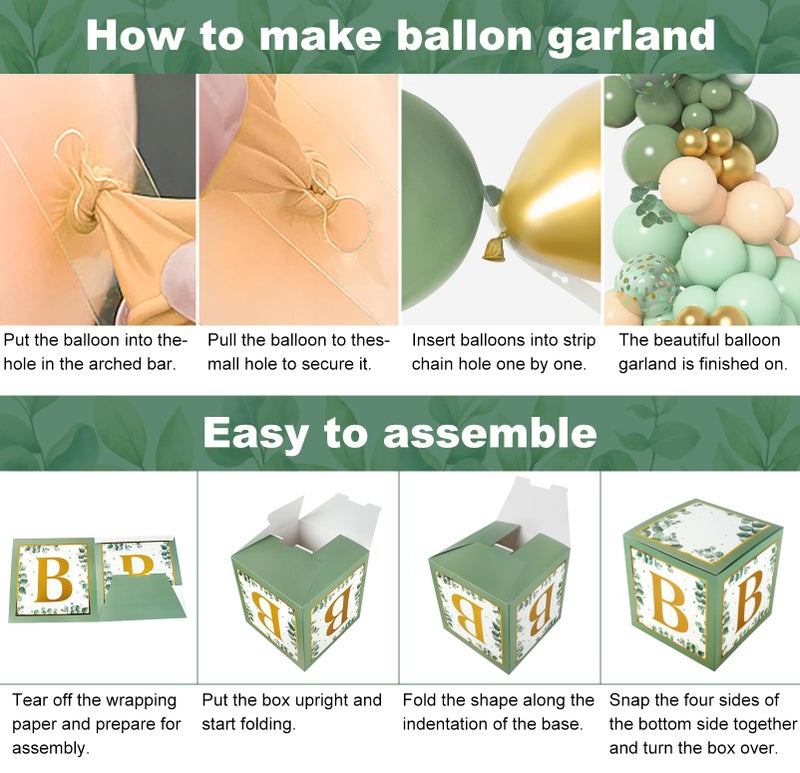 Amandir 145Pcs Baby Boxes Sage Green Baby Shower Decorations, Olive Green Balloon Garland Kit 4 Baby Blocks Gold Letter for Gender Neutral Boy Girl Safari Jungle Birthday Baptism Party Supplies - Image 5