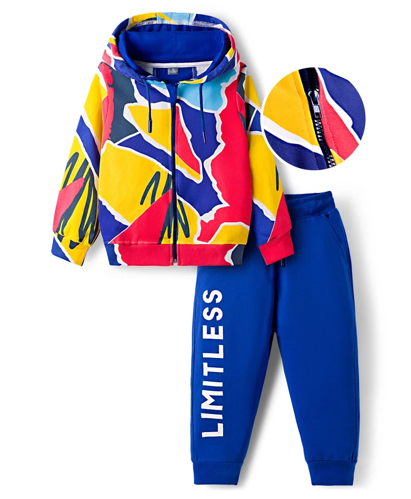 Ollington St. Ollington St. Cotton Knit Full Sleeves Printed Sweatjacket and Knit Joggers Set - Blue