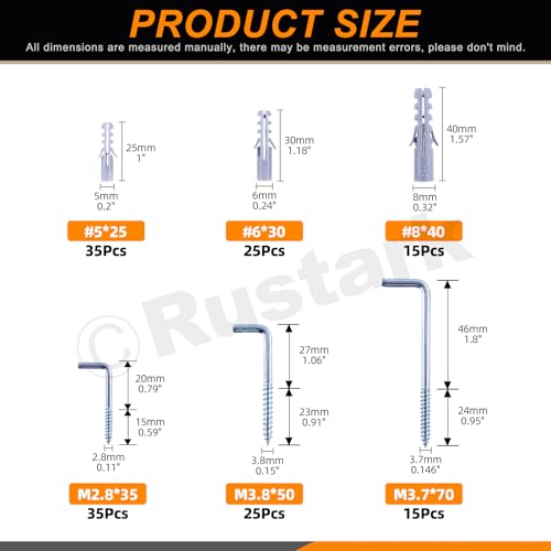 Rustark 150Pcs 3 Sizes Zinc Square Bend Hook Kit with Expansion Tubes L Shaped Screw in Hooks Spiral in Square Bend Hook for Hanging Workplace Home Office - Image 3