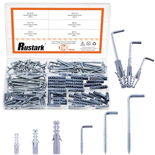 Rustark 150Pcs 3 Sizes Zinc Square Bend Hook Kit with Expansion Tubes L Shaped Screw in Hooks Spiral in Square Bend Hook for Hanging Workplace Home Office - Image 1