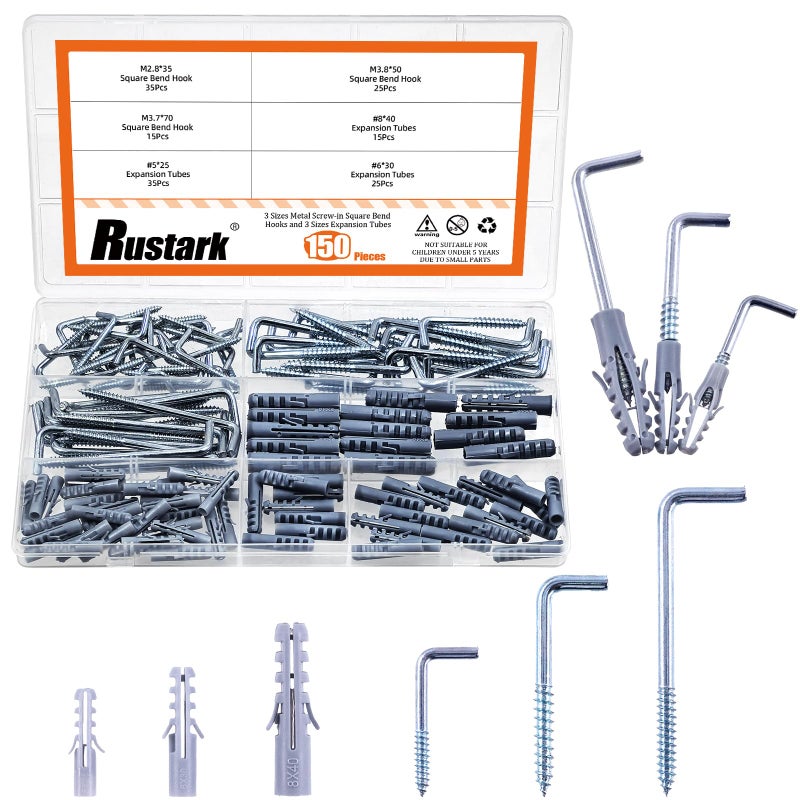 Rustark 150Pcs 3 Sizes Zinc Square Bend Hook Kit with Expansion Tubes L Shaped Screw in Hooks Spiral in Square Bend Hook for Hanging Workplace Home Office - Image 2